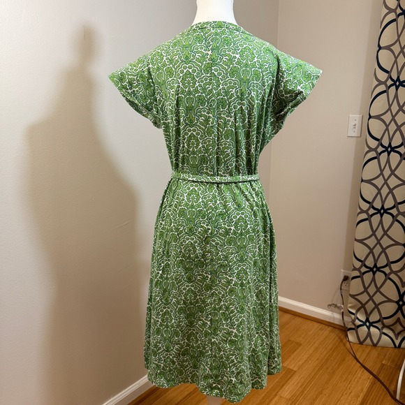 Talbots Damask Floral Dress Women LP Green Excellent Cap Sleeve Cotton Belted - Picture 3 of 7
